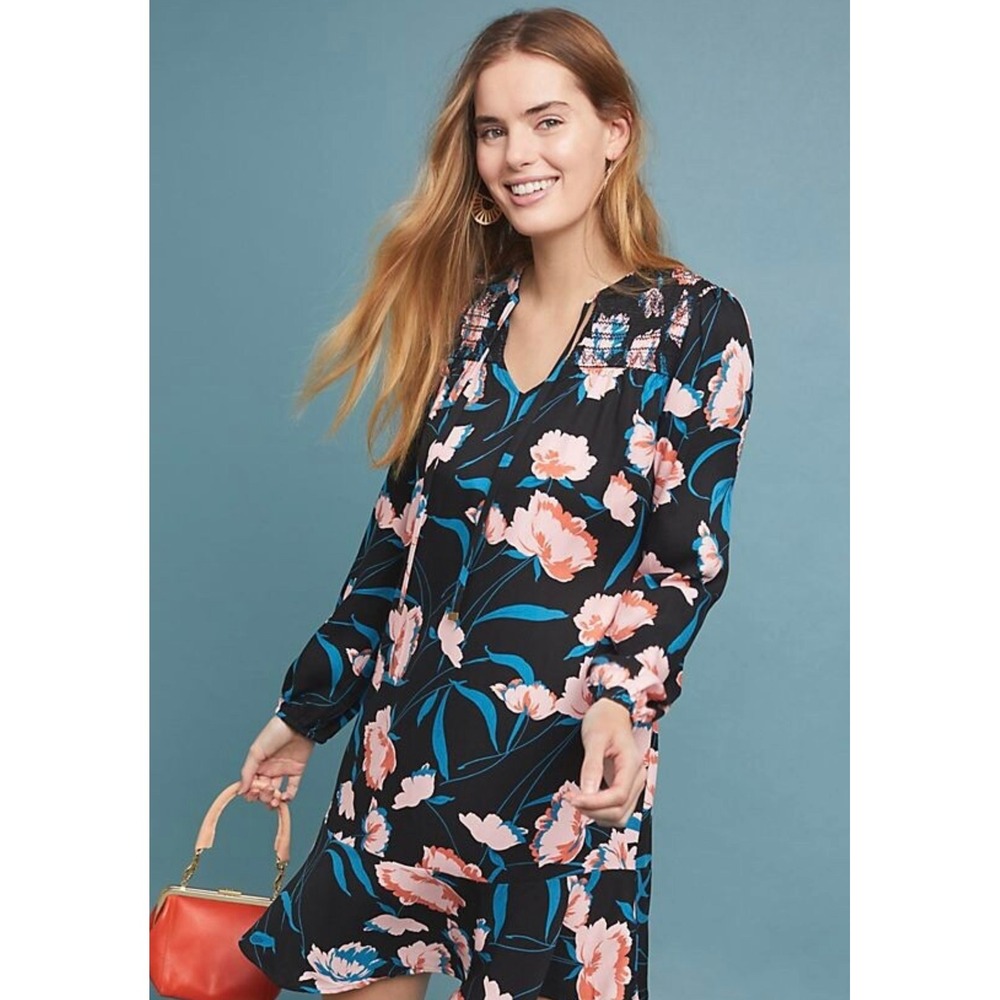 Maeve Anthropologie Ragonda Tunic Smocked Mini Dress 14 Black Pink Peony BOHO